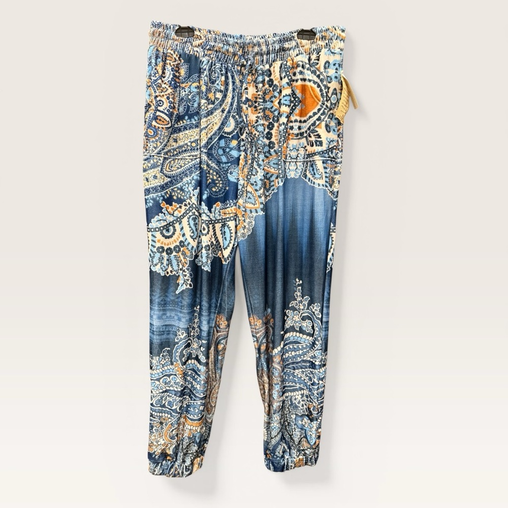 NWT Mezon Blue Paisley Boho Jogger Pants XL Soft Lounge Festival - Picture 2 of 5